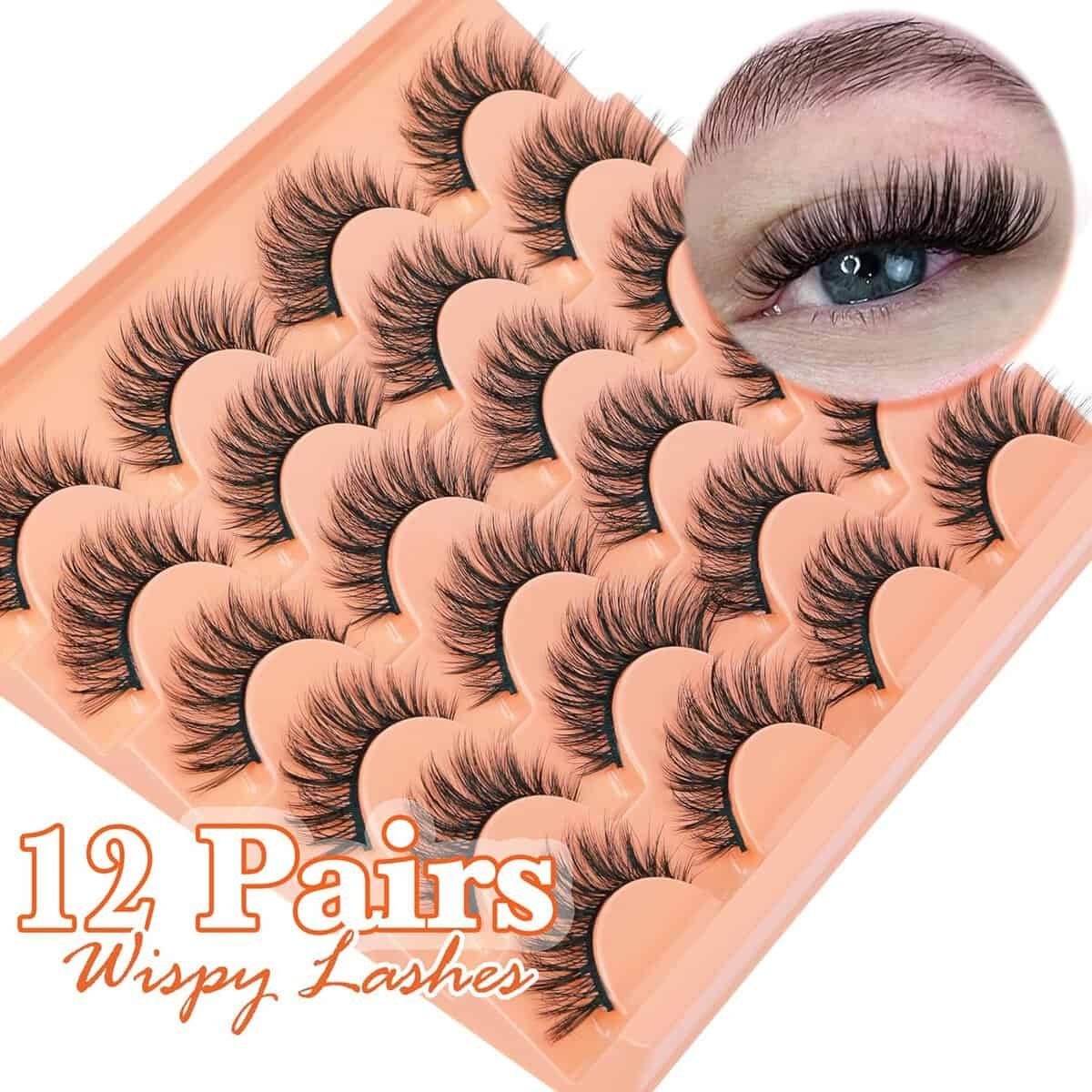 Natural Eyelashes False 3D Lashes Wispy Fake Eyelashes 12 Pairs C Curl Lashes Natural Look 15mm Fluffy Cat Eye Lash Pack by TOOCHUNAG