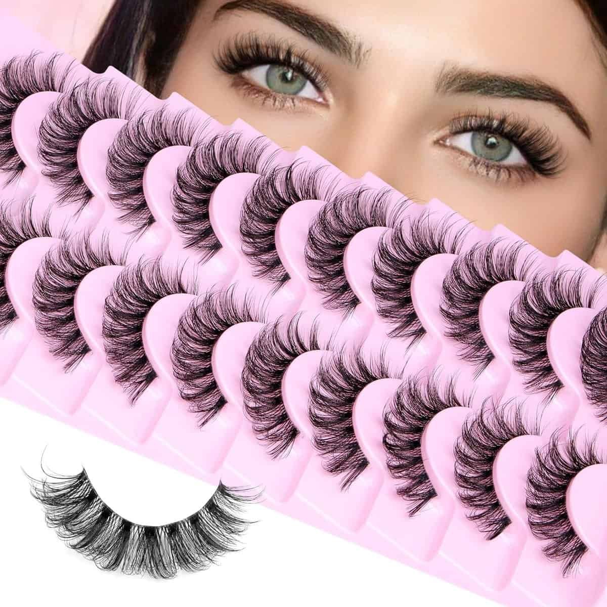 False Lashes Natural Eyelashes Fluffy Lashes D Curl Eyelashes 14mm 3D Volume Wispy Fake Eyelashes Strips Clear Band 10 Pairs Lashes Pack by Calphdiar