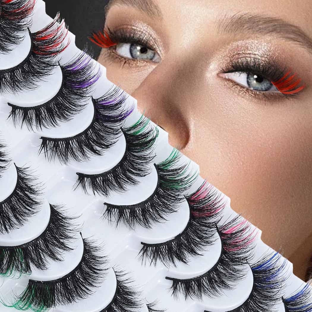 Uranian False Eyelashes with Color Fluffy Faux Mink Lashes Colored D Curl Strip Long Eye Lashes 10 Pairs Dramatic Lashes Volume Fake Eyelashes for Women and Girls