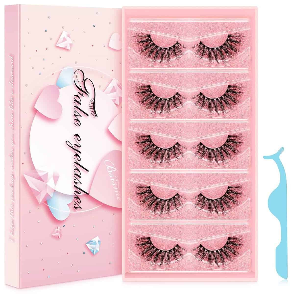 Bsisme False Eyelashes Cat-Eye Wispy Mink Eyelashes Natural Look Faux Fluffy Fake Eyelashes Cluster Long Full Extension Volume Thick Eye Lashes Soft Lightweight Reusable Lash (5 Pairs Pack)