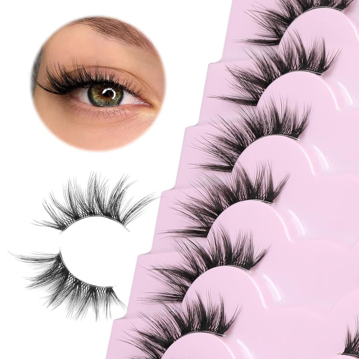 Half Lashes Natural Look Wispy Cat Eye False Eyelashes Clear Band Fluffy Faux Mink Lashes Pack 3D Soft Volume Lash Strips 16mm Light Fake Eyelash Extension 7 Pairs by Boahankuke