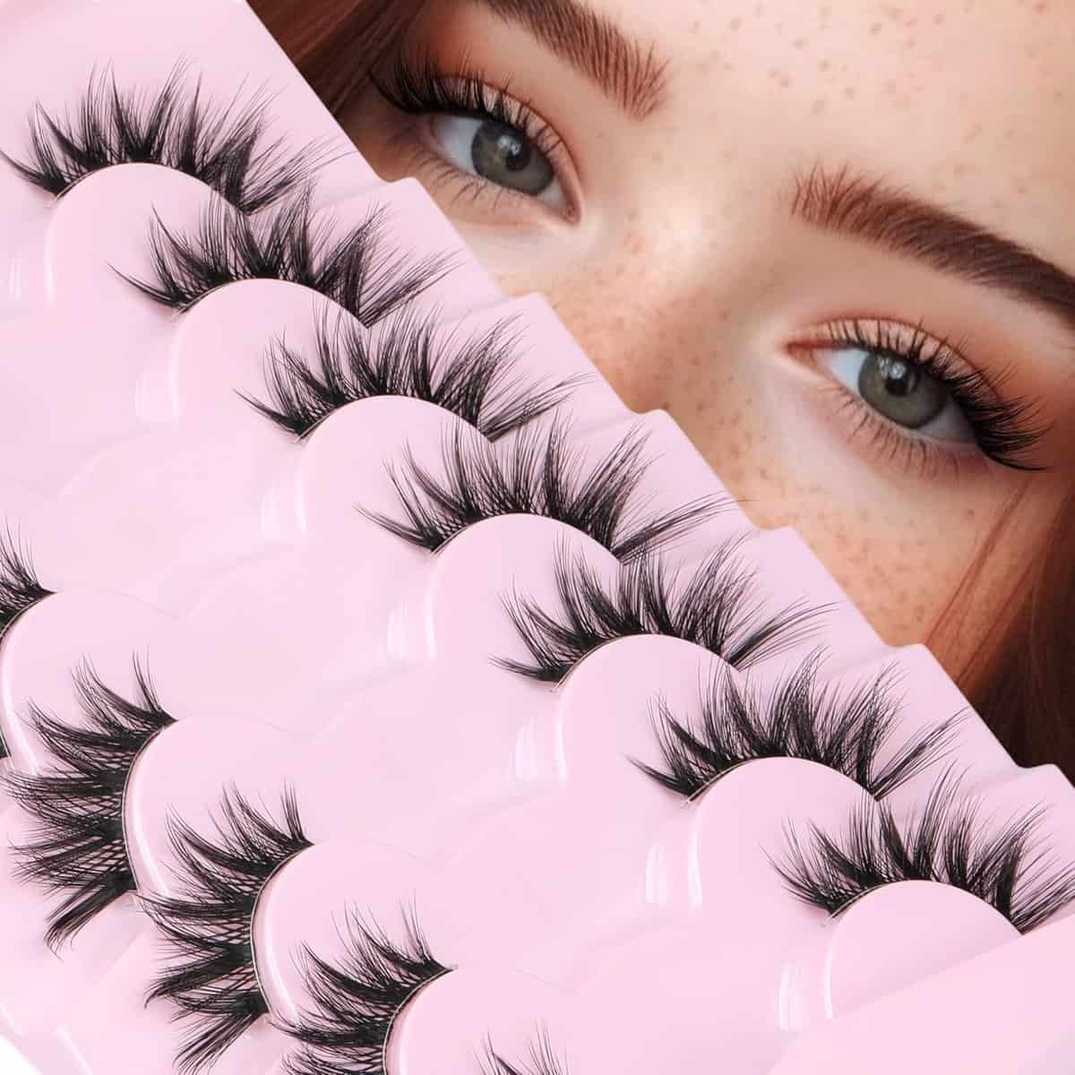 Half Lashes Natural Look Wispy Cat Eye False Eyelashes Clear Band Fluffy Faux Mink Lashes Pack 3D Soft Volume Lash Strips 16mm Light Fake Eyelash Extension 7 Pairs by Boahankuke