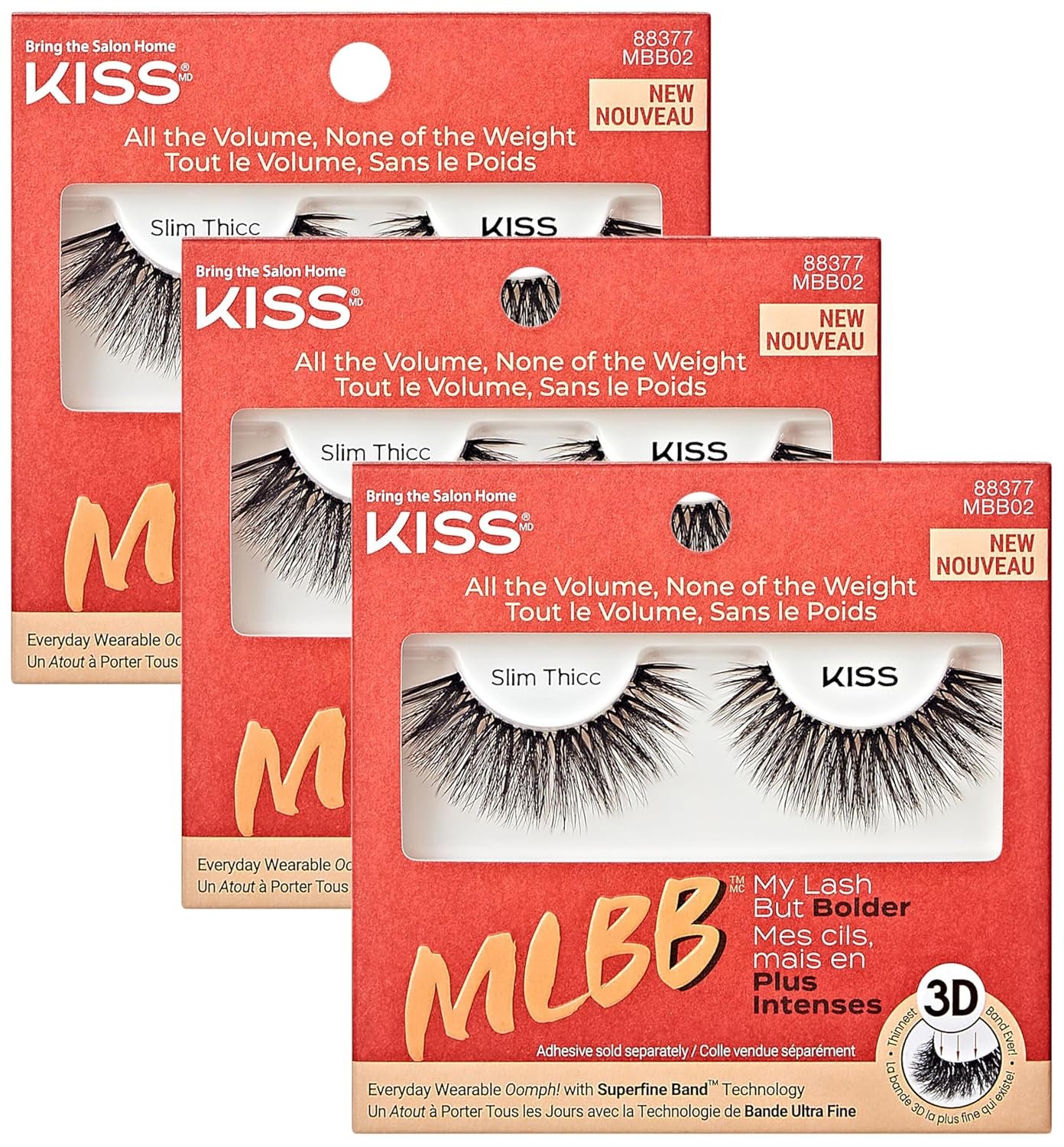 KISS My Lash But Bolder 3D Volume False Eyelashes - Slim Thicc, Black, Comfortable, Voluminous, Natural-Looking, Faux Mink, Vegan, Fuller, 3D Lashes, Superfine, Knotless, Fluffy  Soft | 1 Pair KISS My Lash But Bolder 3D Volume False Eyelashes - Slim Thicc, Black, Comfortable, Voluminous, Natural-Looking, Faux Mink, Vegan, Fuller, 3D Lashes, Superfine, Knotless, Fluffy  Soft | 1 Pair