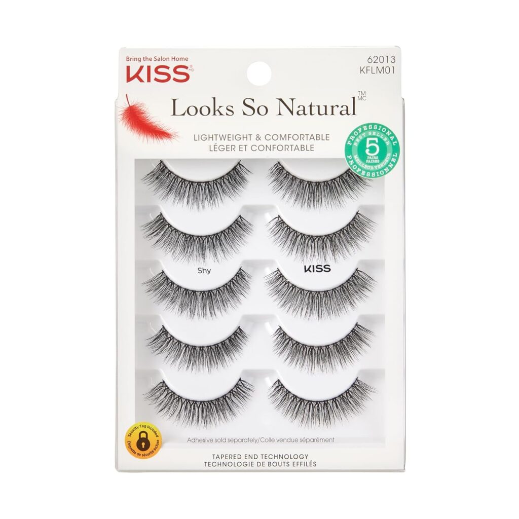 KISS Looks So Natural False Eyelashes Multipack, Lightweight  Comfortable, Tapered End Technology, Reusable, Cruelty-Free, Contact Lens Friendly, Style Shy, 5 Pairs Fake Eyelashes